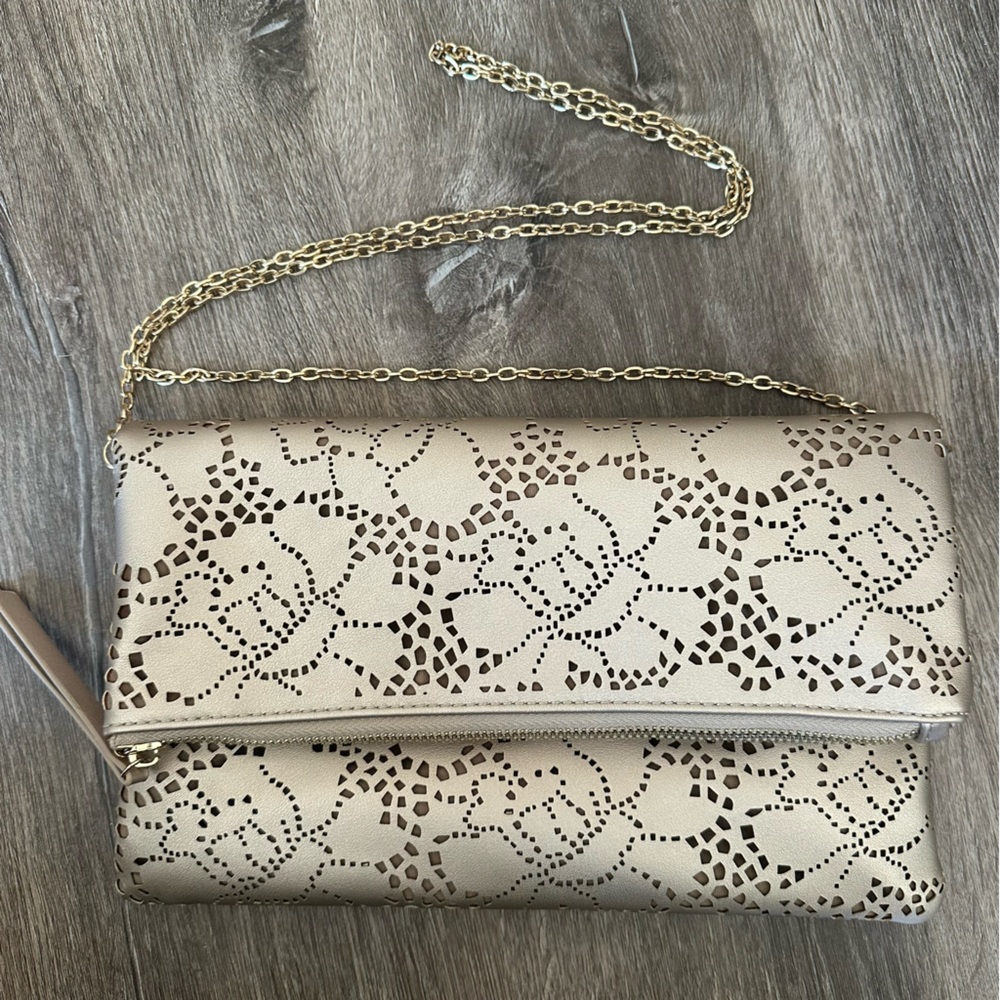 Urban Expressions Fold Over Gold Laser-Cut Clutch w/Gold Chain